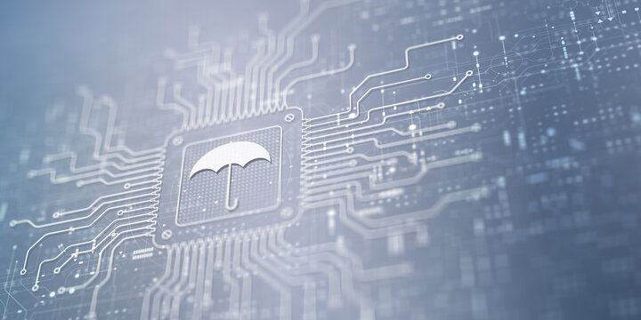 Digital Insurance Protection Icon Displayed on Processor in Futuristic Circuit Environment.