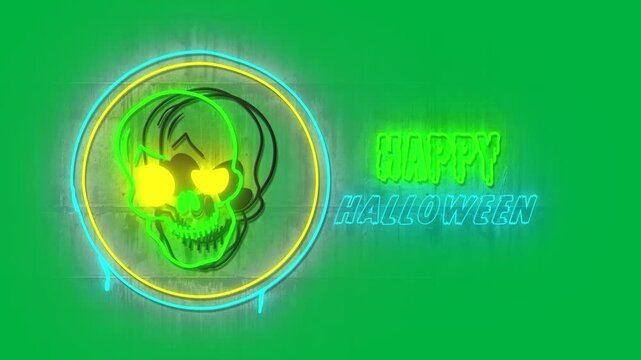 Animation of fluorescent halloween text and skull on white background