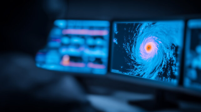Hurricane image on weather monitoring screens, representing storm tracking, disaster forecasting, and emergency preparedness technology.
