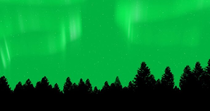 Animation of aurora borealis glowing with snow falling over black background