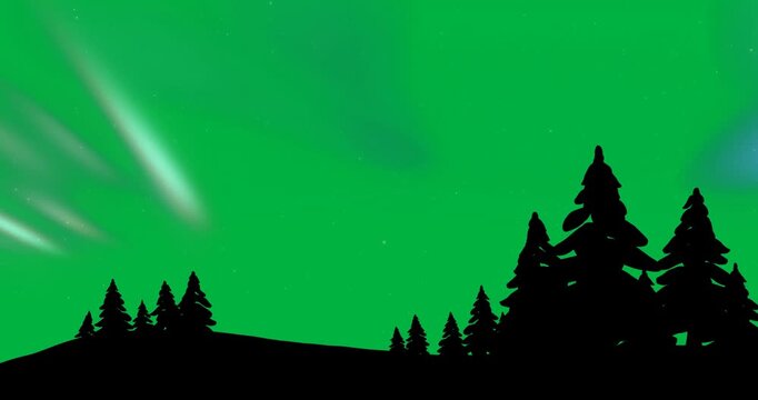 Animation of aurora borealis glowing over fir trees covered in snow in winter