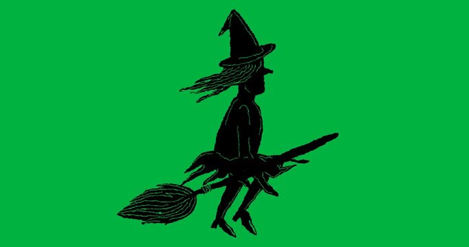 Animation of black moving witch drawing on white background