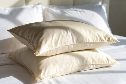 Two pillows on a bed. Resting, serene sleep setting.