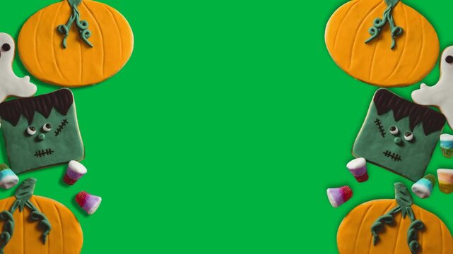 Animation of halloween cookies over black background