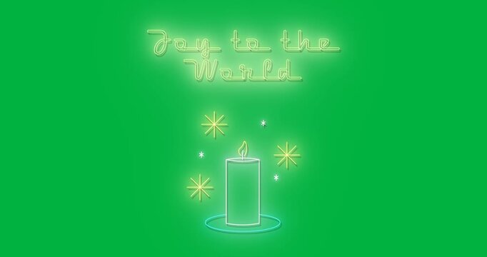 Animation of neon joy ti the world text and candle on black background