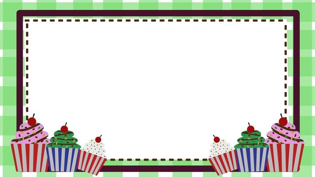 Decorative cupcakes frame on green checkered gingham with brown dashed line. Perfect for invitations, posters, men