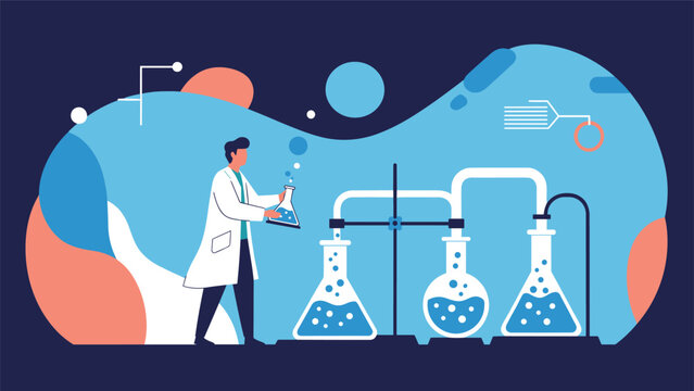 Scientist in a white lab coat working in a laboratory with complex glassware and flasks for chemical research.