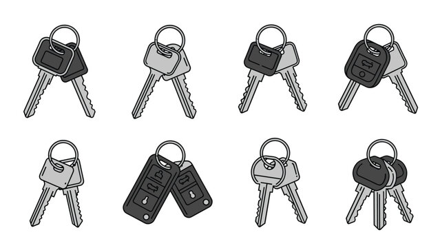Collection of various car keys and electronic key fobs on rings in grey and black shades.
