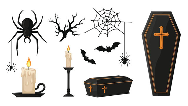 Set of spooky Halloween decorative elements including spiders, bats, cobwebs, burning candles, and wooden coffins.