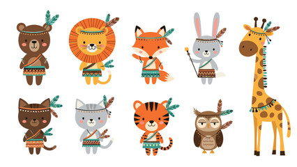 Obraz premium Adorable set of diverse cartoon animals dressed in various tribal style outfits with colorful feathers and patterned clothing.