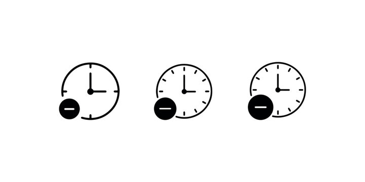 Set of black and white clock icons with minus sign, time removal or decrease, deadline, schedule, punctual, watch, reminder isolated on white background