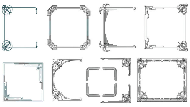 Large collection of ornate black and white decorative frames and borders for formal invitations and professional certificates.