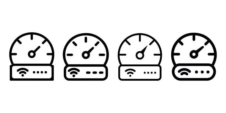 Four black icons resembling speedometers with a WiFi symbol and dots at base, indicating signal strength or internet speed. Technology concept.