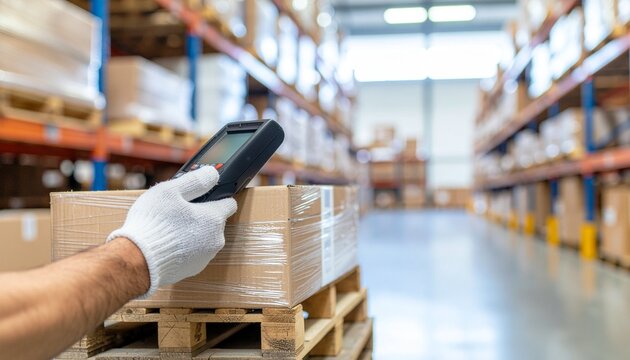 倉庫でパレット積み段ボールをハンディ端末で管理する在庫管理イメージ