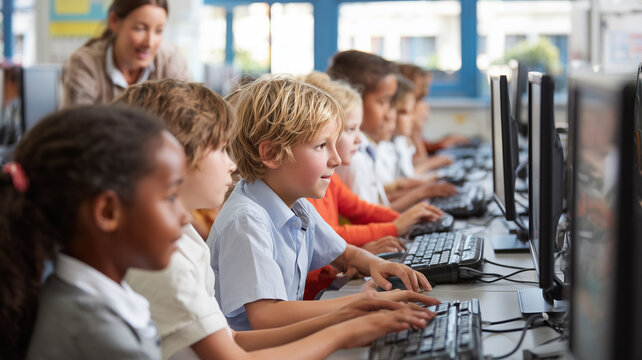A group of schoolchildren use desktop computers in a modern classroom.