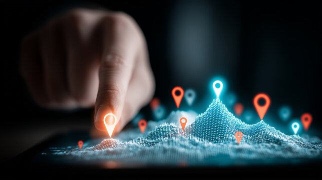 Finger selecting a location pin on a digital terrain map to represent geolocation technology, navigation systems, and smart location data analysis.
