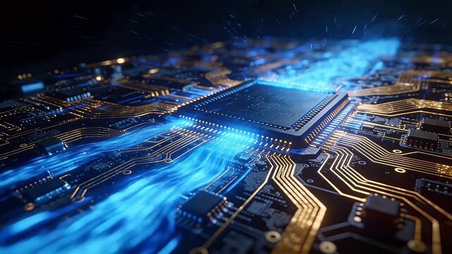 High-tech circuit board with glowing blue and gold lines
