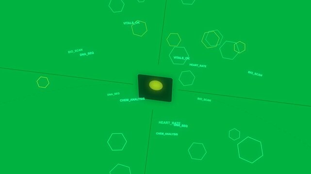 Yellow core pulsing hub spinning while green arms sweeping hex nodes glowing on transparent field