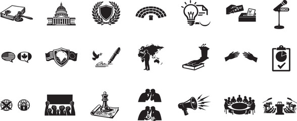 Obraz premium Politics and diplomacy fill icon set with government, voting and global relations symbols.
