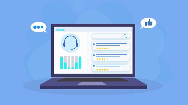 Animated video of a laptop displaying customer support dashboard with analytics charts, checklist, headset icon, and feedback elements. Represents service monitoring, performance tracking, and digital