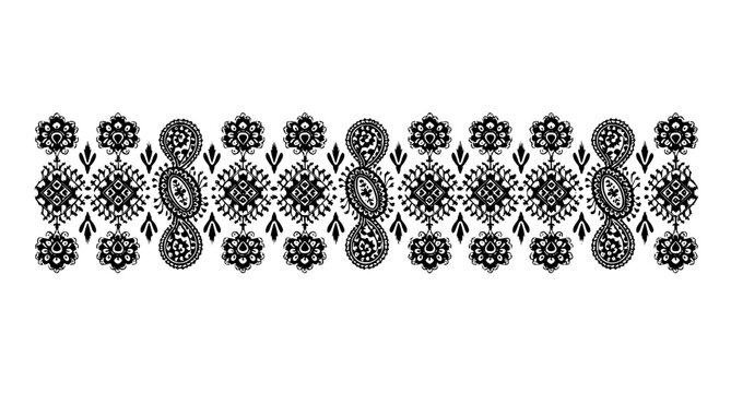 Black and white African paisley boho floral ikat seamless border vector ethnic embroidery design for textile and saree