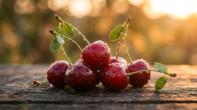 Ceri segar dengan tetesan air di atas permukaan kayu pedesaan di luar ruangan dalam sinar matahari yang hangat