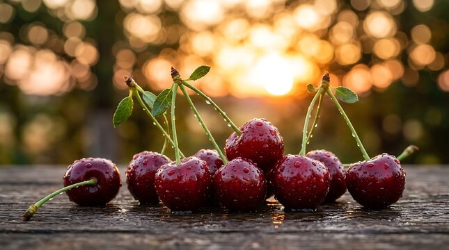 Ceri segar dengan tetesan air di atas permukaan kayu pedesaan saat matahari terbenam, menampilkan kesegaran buah alami dan warna cerah untuk konsep camilan sehat atau makanan musim panas