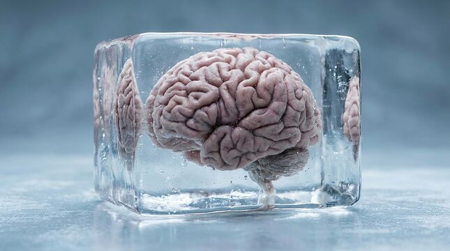 Human brain frozen inside a clear transparent square ice cube