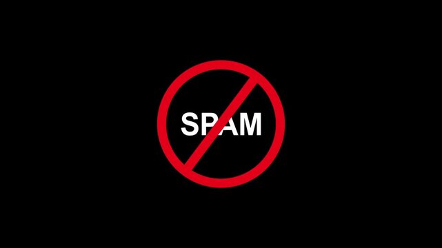 No spam sign animation: red prohibited symbol with text for digital security and email protection forbidden