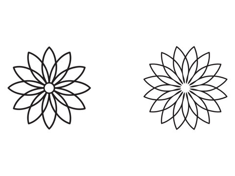 Two flower designs with many petals and rounded tips  simple line art style  no colors used  for graphic design and decoration