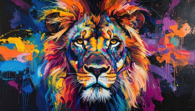 Majestic Lion Portrait with Vibrant Colorful Paint Splatters Exploding Around its Head Against a Dark Background Creative Abstract Art