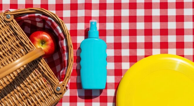 Picnic setup with basket and plate.