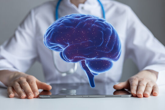Doctor examines brain model on tablet during medical consultation in a bright office setting