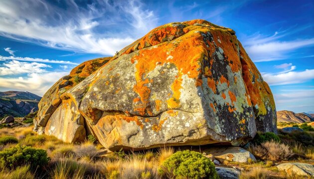 Large granite boulder covered in vibrant orange and white lichen under a vast blue sky with wispy clouds in a dry arid landscape during daytime sunlight