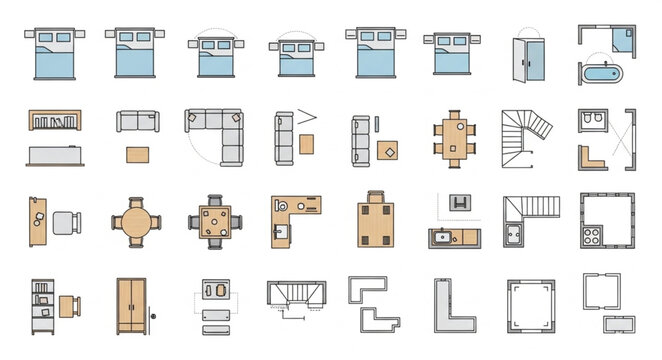 Collection of top down interior design floor plan elements.