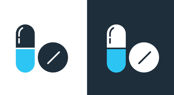 Pharmaceutical pill and capsule icon set - Minimalist, flat icon, outline, glyph, linear, clipart, sticker - icon set