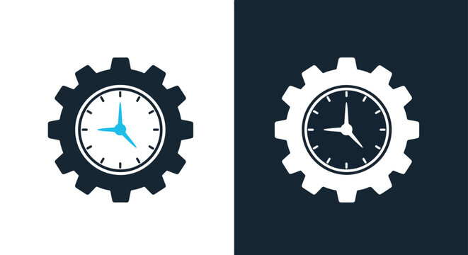 Time management clock inside gear icon - Minimalist, flat icon, outline, glyph, linear, clipart, sticker - icon set