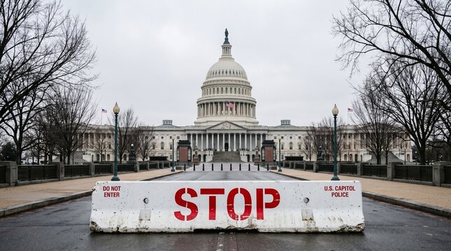 Stop security barrier near Capitol Hill. Government shutdown tension in Washington DC. Restricted access control near Capitol. Political budget stalemate in Congress.