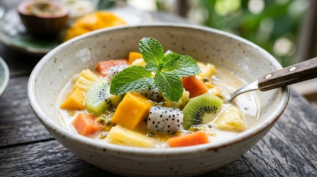 Salad Buah Segar dengan Mangga Kiwi Buah Naga dan Mint dalam Mangkuk Keramik untuk Camilan Sehat dan Sarapan
