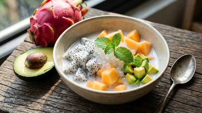 Salad buah segar dalam mangkuk dengan buah tropis dan mint di atas meja kayu pedesaan untuk makan sehat dan penyegaran musim panas