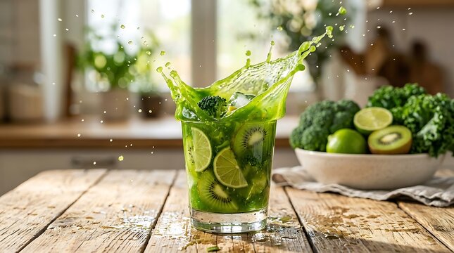 Minuman detoks buah dan sayuran hijau segar dengan percikan dalam gelas, minuman sehat, jeruk nipis, kiwi, brokoli, timun, mint, di atas meja kayu
