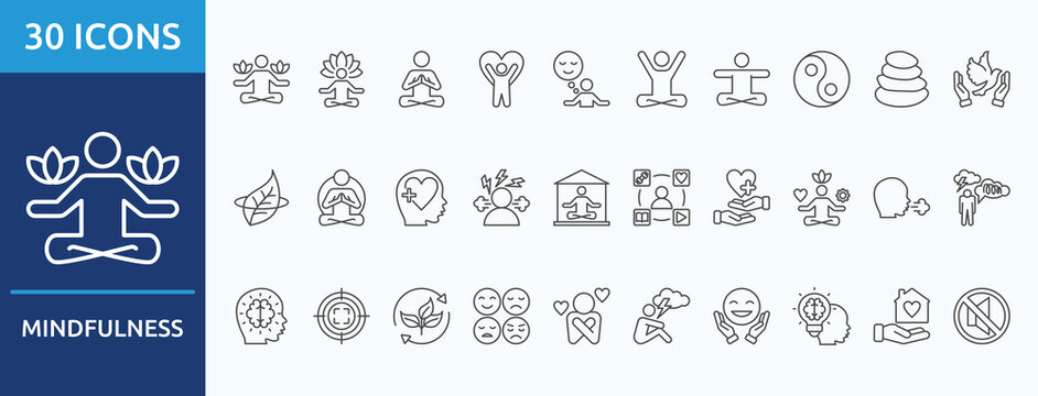 mindfulness
  - Icon Collection. Thin outline Set contains such Icons as meditation, relaxation, wellness, clam, yoga
 and more. Simple web icons set

