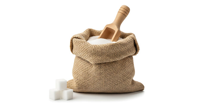 Sack of sugar with wooden scoop and sugar cubes on white background transparent background