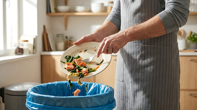 Man in kitchen throwing away food waste, plate of leftovers into trash can.