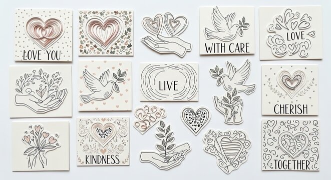 Decorative art with hearts doves and inspirational words on white tiles