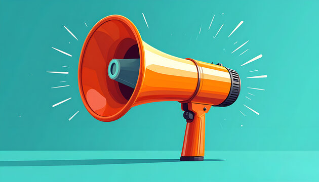 A vibrant orange megaphone rests on a teal surface, radiating bursts of light, symbolizing communication and announcement.