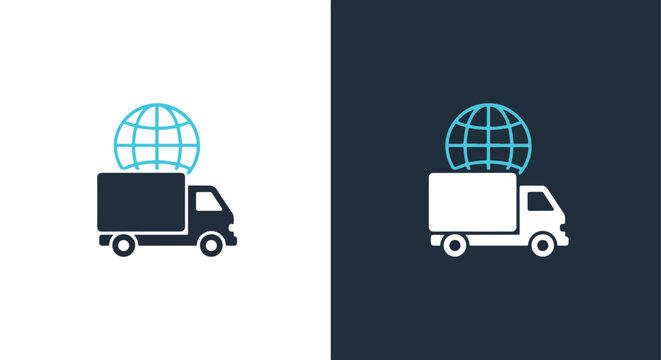 Delivery truck with globe world symbol - Line and glyph solid icon and logo template - Clipart, sticker - icon set