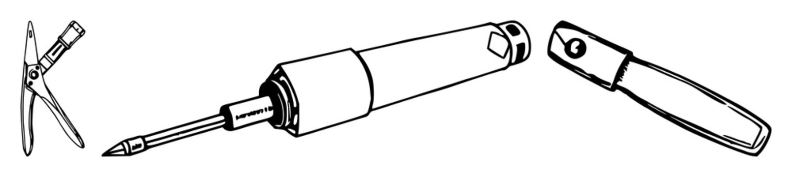 Sewing tool set with hand-drawn line art illustration featuring metal seam ripper, needle, thread spool with thimble and scissors