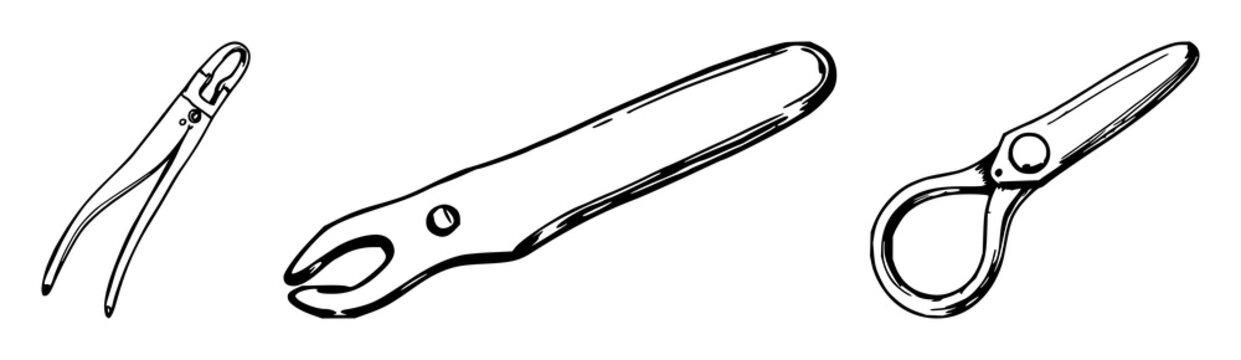 Button hook tool set with hand‑drawn line art on white background featuring vintage, sewing accessory, illustration with line style and minimalist design