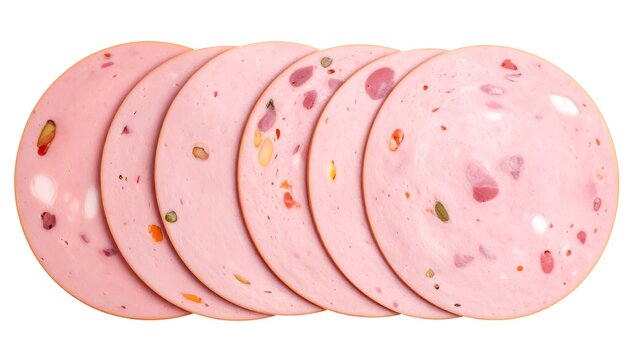 Several slices of pink luncheon meat showing pistachio and olive inclusions, stacked horizontally